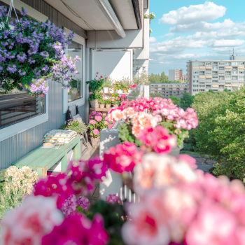 fleurs en pot posées sur le balcon